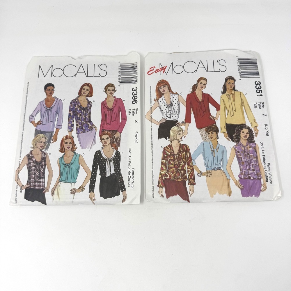 McCalls Sewing Patterns Lot 3396 3351 Misses Tops Z Lrg Xlg Tie Neck DIY Craft